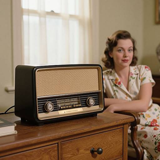 Photograph of a 1950s-style woman in a floral dress, sitting beside a vintage black and beige radio on a wooden table. Bright window