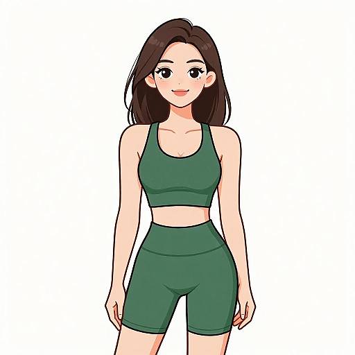 Digital anime-style drawing of a smiling woman with long brown hair, fair skin, wearing a green sports bra and matching shorts.