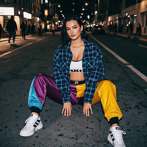Woman in Streetwear Sitting on Urban Pavement at Night