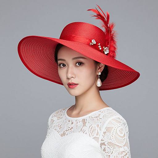 Photograph of an Asian woman with fair skin, wearing a white lace top and a vibrant red hat adorned with feathers and flowers, against a plain gray