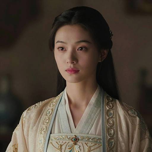 Photograph of an East Asian woman with long black hair, wearing an ornate, beige kimono with gold embroidery, and a light blue sash