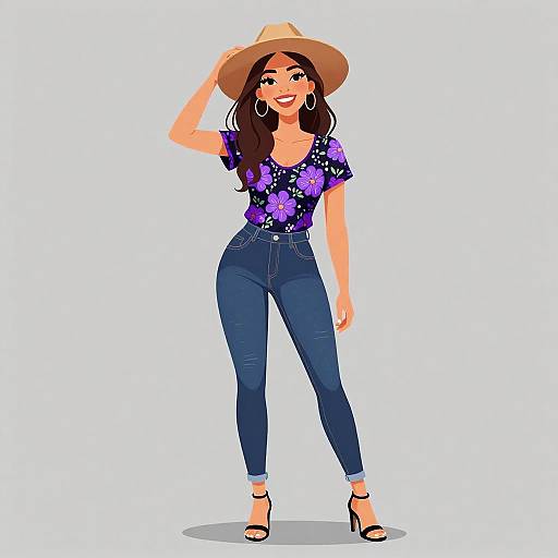 Digital illustration of a smiling woman with long brown hair, wearing a wide-brimmed hat, purple floral shirt, blue jeans, and black heels,