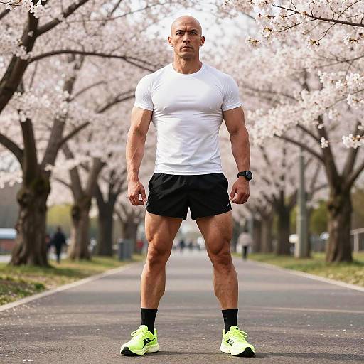 Muscular bald man in white t-shirt, black shorts, neon green sneakers, standing on a cherry blossom-lined path, daytime photograph.