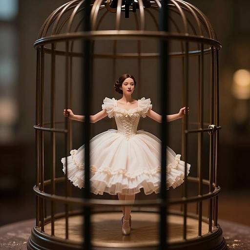 Photograph of a porcelain ballerina doll in a white, ruffled tutu, standing with arms outstretched inside a black birdcage