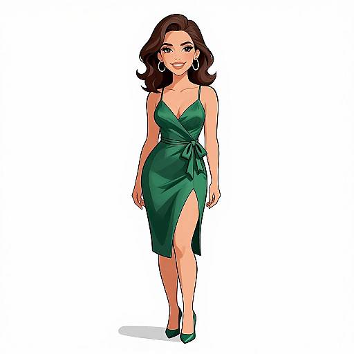 Digital illustration of a smiling woman with wavy brown hair, wearing a green, sleeveless, high-slit dress, and green heels, against a