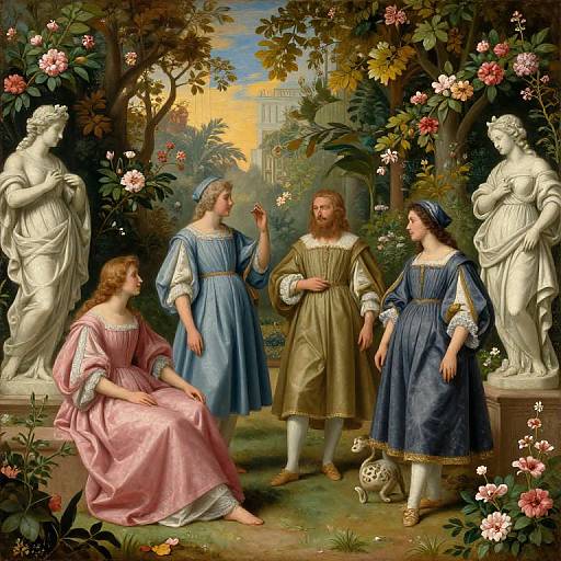 Renaissance-style painting: Four women in flowing dresses, one with a blue headscarf, surrounded by statues and vibrant flowers in a lush garden