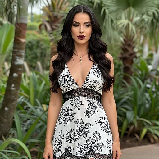 Photograph of a woman with long black hair, deep red lipstick, wearing a white floral dress with black lace trim, standing in a lush, tropical