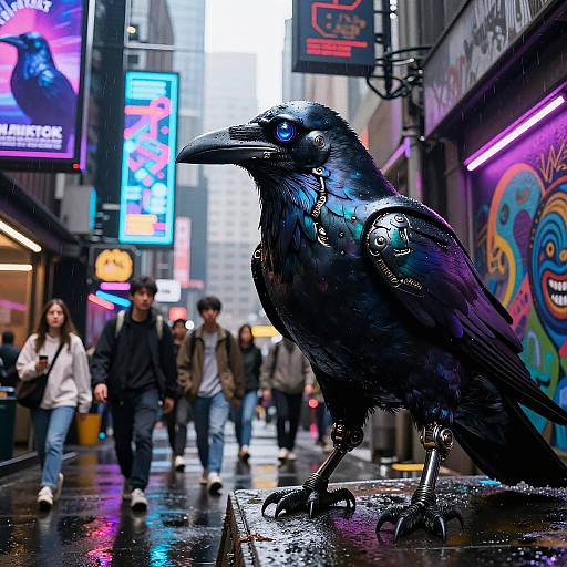 Iridescent Cyborg Raven in Neon Alley