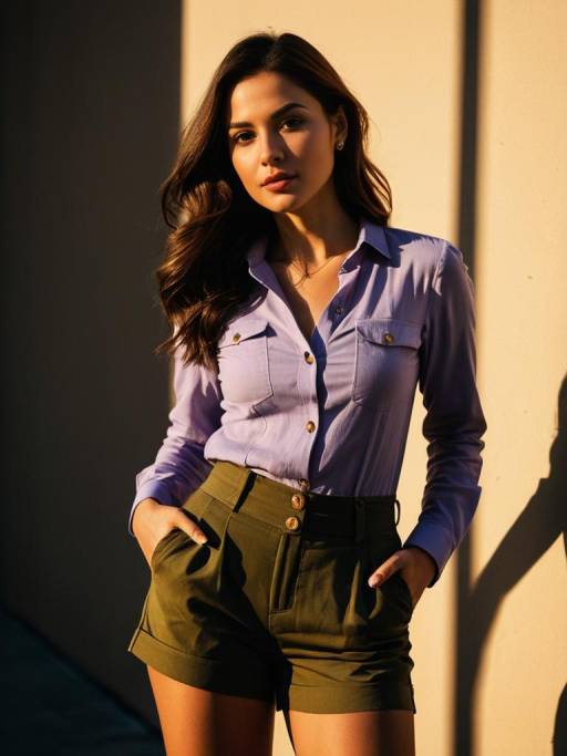 Woman in Lavender Blouse and Olive Shorts