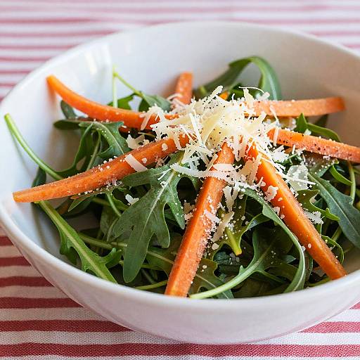 Photograph of a white bowl filled with fresh green arugula, orange carrot sticks, topped with grated Parmesan cheese, on a red-striped table