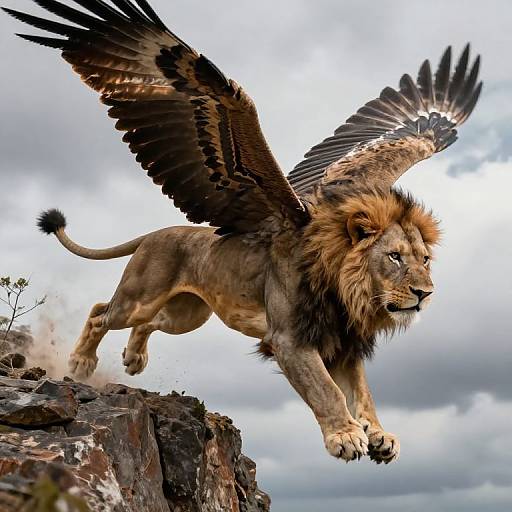 Digital artwork of a winged lioness with dark feathers and a golden mane, leaping from a rocky cliff against a cloudy sky.