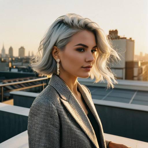 Fashionable Woman with Platinum Silver Hair on Rooftop