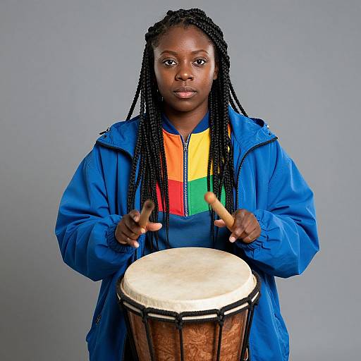 Photograph of a young Black woman with long braids, wearing a blue jacket and colorful shirt, playing a drum against a gray background.