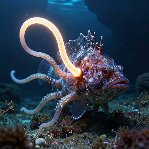 Photograph of a bioluminescent anglerfish with glowing tail, intricate scales, and red eyes, swimming over a dark, coral-covered ocean