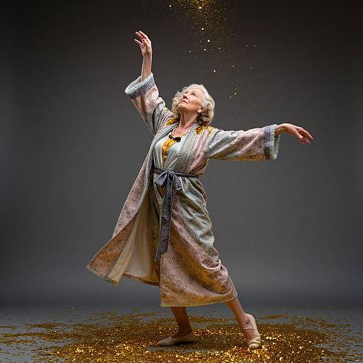 Photograph of a blonde woman in a shimmering robe, arms raised, golden sparkles falling, standing on a glittery dark floor.