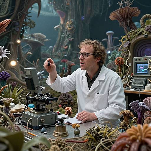 Photograph: Curly-haired scientist in white lab coat examines fungi using microscope in futuristic, sci-fi lab filled with exotic, alien-like plants.