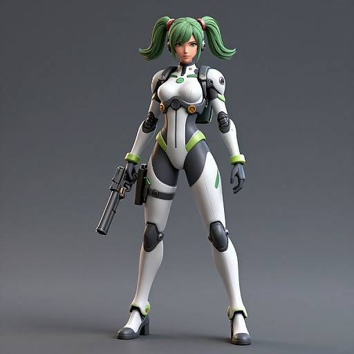CGI image of a green-haired woman in white and black futuristic armor, holding a gun, standing confidently against a gradient gray background.