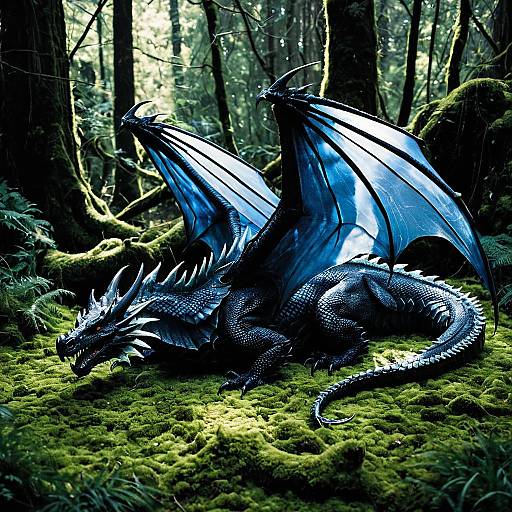 Obsidian Black Dragon Resting in Forest