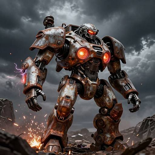 Digital art of a rusted, glowing-red-eyed robot with sparks, standing in a rocky, cloudy battlefield, exuding power and menace.