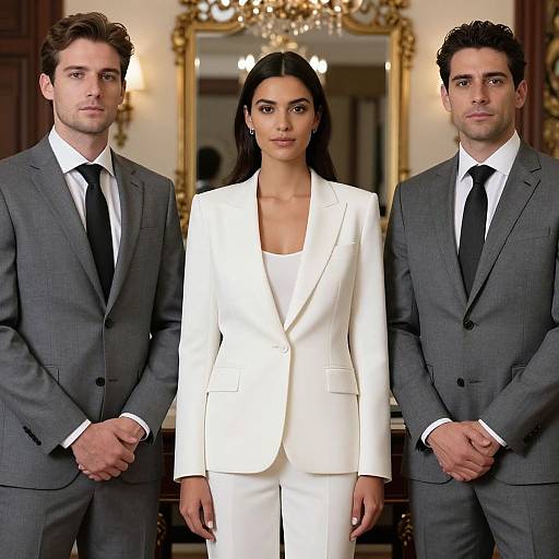 Photograph of a woman in a white suit flanked by two men in gray suits and black ties, standing in front of an ornate mirror with