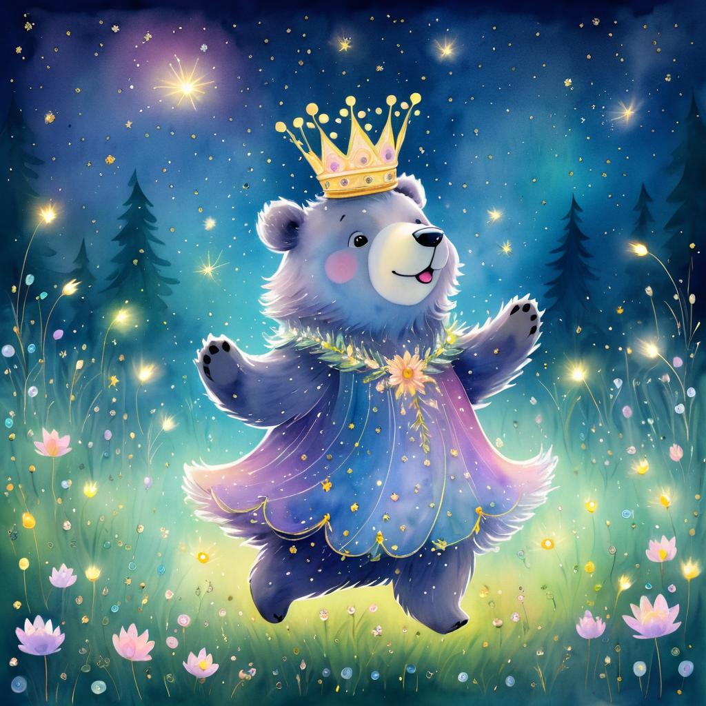 Whimsical Bear Dance in Moonlit Meadow