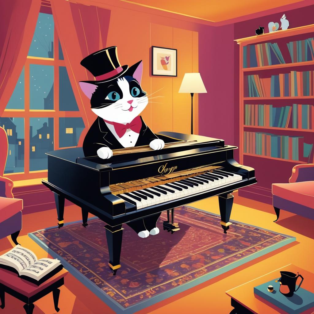 Whimsical Cat Playing Piano in Living Room