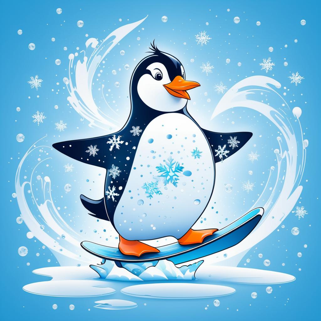 Penguin Sliding on Ice Comic Illustration