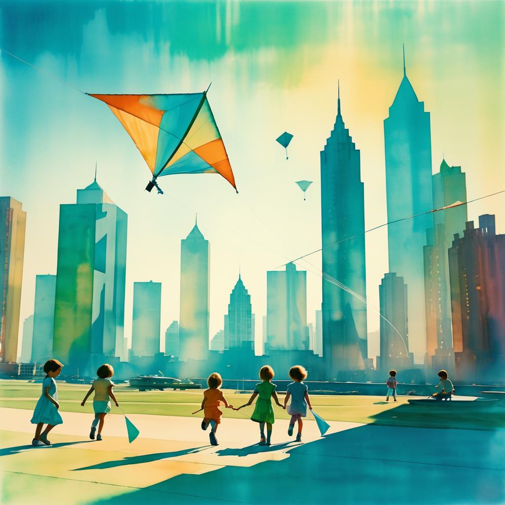 Children Flying Kites in Futuristic City