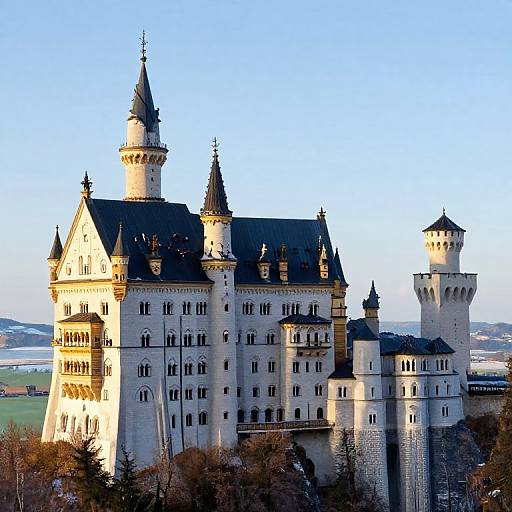 Photograph of a grand, medieval-style castle with multiple turrets and towers, bathed in golden sunlight, set against a clear blue sky and distant