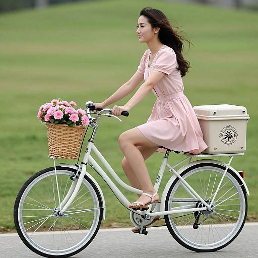 Photograph of an Asian woman with long dark hair in a pink dress, riding a white bicycle with a flower basket and storage box, on a grass