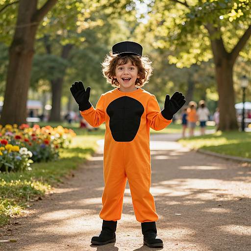 Photograph of a curly-haired child in an orange bee costume with black chest and gloves, standing on a sunny park path.