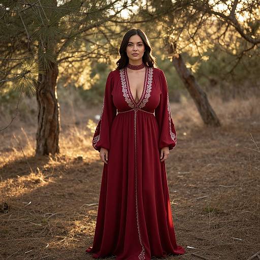 Photograph of a dark-haired woman in a deep red, long-sleeve, low-cut dress with white embroidery, standing in a sunlit pine