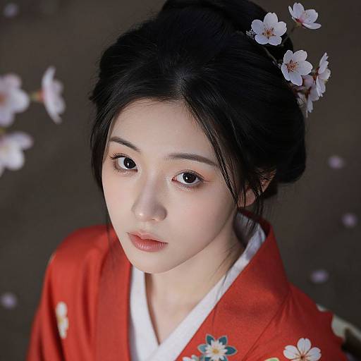 Photograph of a young Asian woman with fair skin, black hair, and cherry blossom hairpiece, wearing a red kimono with white floral patterns,