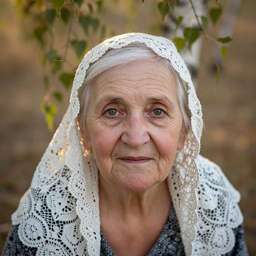 Photograph of an elderly woman with white hair, wearing a white lace headscarf and black patterned blouse, standing outdoors among blurred green and brown