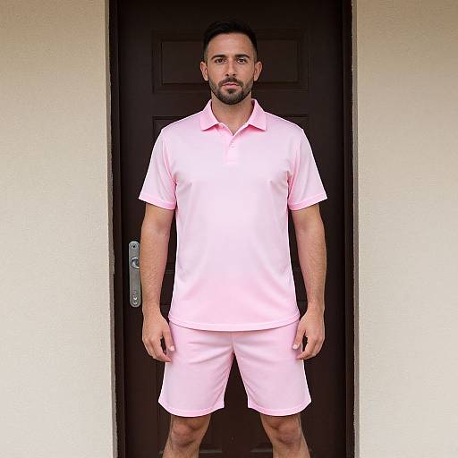 Photograph of a bearded, muscular man with short dark hair, wearing a pink polo shirt and matching shorts, standing in front of a dark wooden