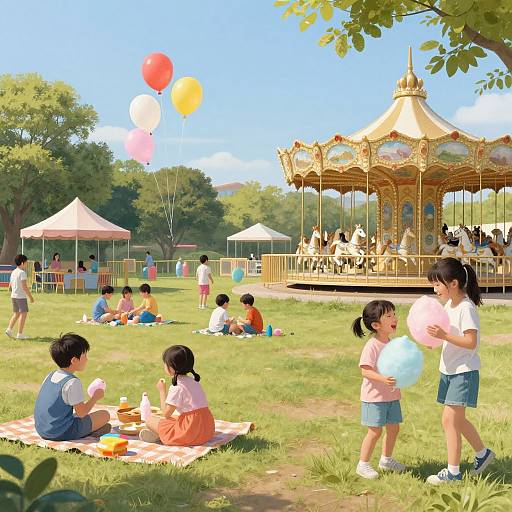 Digital painting of a sunny park with children playing, a colorful carousel, and people picnicking under trees. Balloons float above.