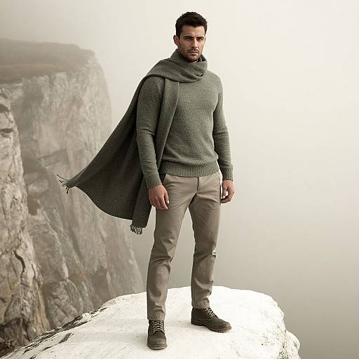 Photograph of a man with short dark hair, wearing a gray sweater, matching scarf, beige pants, and brown shoes, standing on a snowy cliff