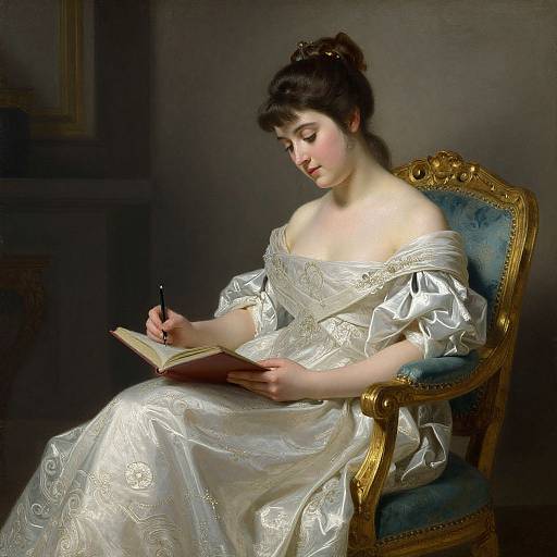 Photorealistic painting of a fair-skinned woman in an off-shoulder, white, intricately embroidered gown, writing in a book while seated