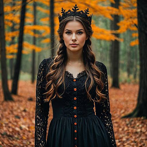 Woman in Black Lace Dress and Crown in Autumn Forest