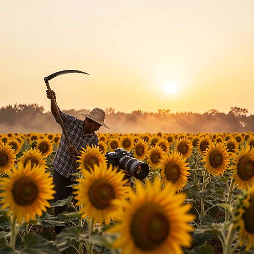 Photograph of a farmer in a straw hat and plaid shirt, wielding a sickle, kneeling in a sunlit sunflower field, holding a