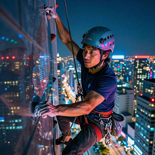 Photograph of a male rock climber in a blue helmet, black shirt, and gloves, scaling a skyscraper at night, with city lights and
