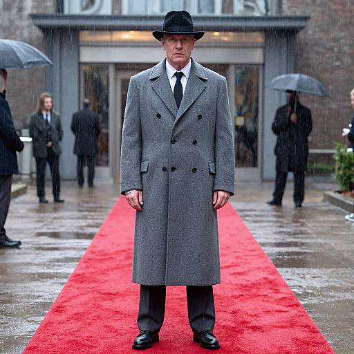 Photograph of a serious man in a gray overcoat, black hat, and tie, standing on a red carpet in the rain, with umbrellas