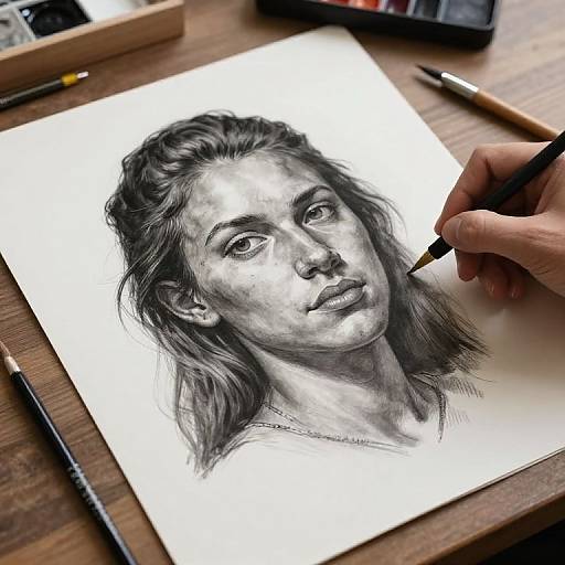 Photograph of a realistic black-and-white pencil sketch of a woman with wavy hair, being drawn by a hand holding a pencil.