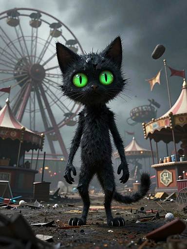 Digital artwork of a spiky black cat with glowing green eyes standing in a cluttered, post-apocalyptic carnival with a large Ferris wheel in the