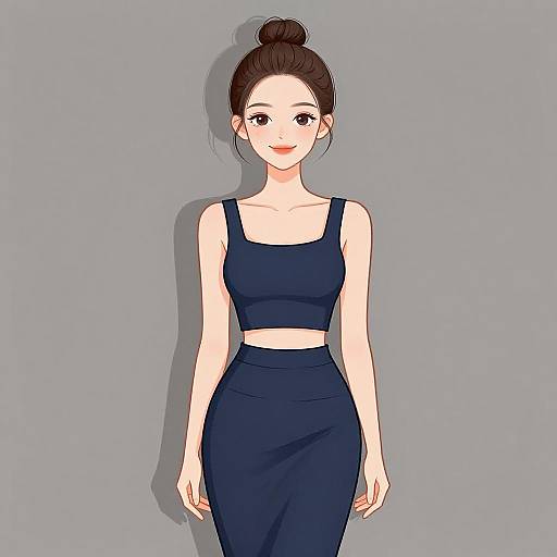 Digital anime-style drawing of a fair-skinned woman with dark hair in a bun, wearing a navy crop top and high-waisted skirt, standing