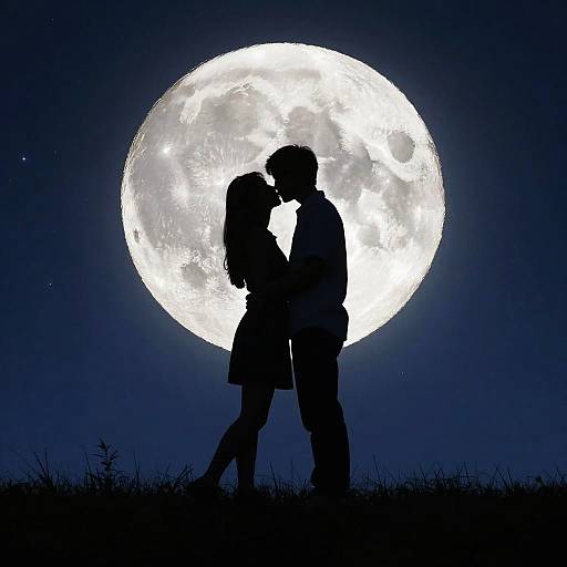 Silhouetted couple kissing under a bright full moon, dark blue night sky, grassy foreground. Digital artwork emphasizing romantic, moonlit moment.