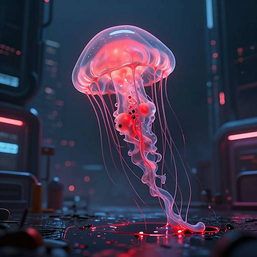 Neon-lit, glowing pink jellyfish with long, flowing tentacles floats in a futuristic, cyberpunk-style cityscape with dark, illuminated buildings