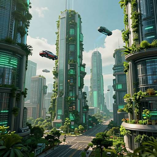 CGI futuristic cityscape with towering green-lit skyscrapers, floating cars, lush greenery, and vibrant urban streets. Bright daylight with scattered