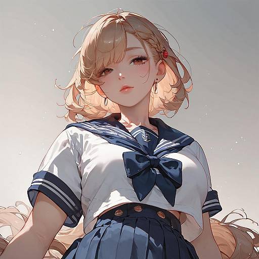 Digital anime-style drawing of a cute blonde girl with wavy hair, wearing a navy blue sailor school uniform, against a bright background.