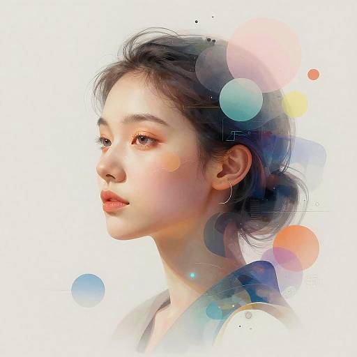 Digital painting of an Asian woman with soft, delicate features, light skin, and black hair, surrounded by colorful, abstract bokeh circles.